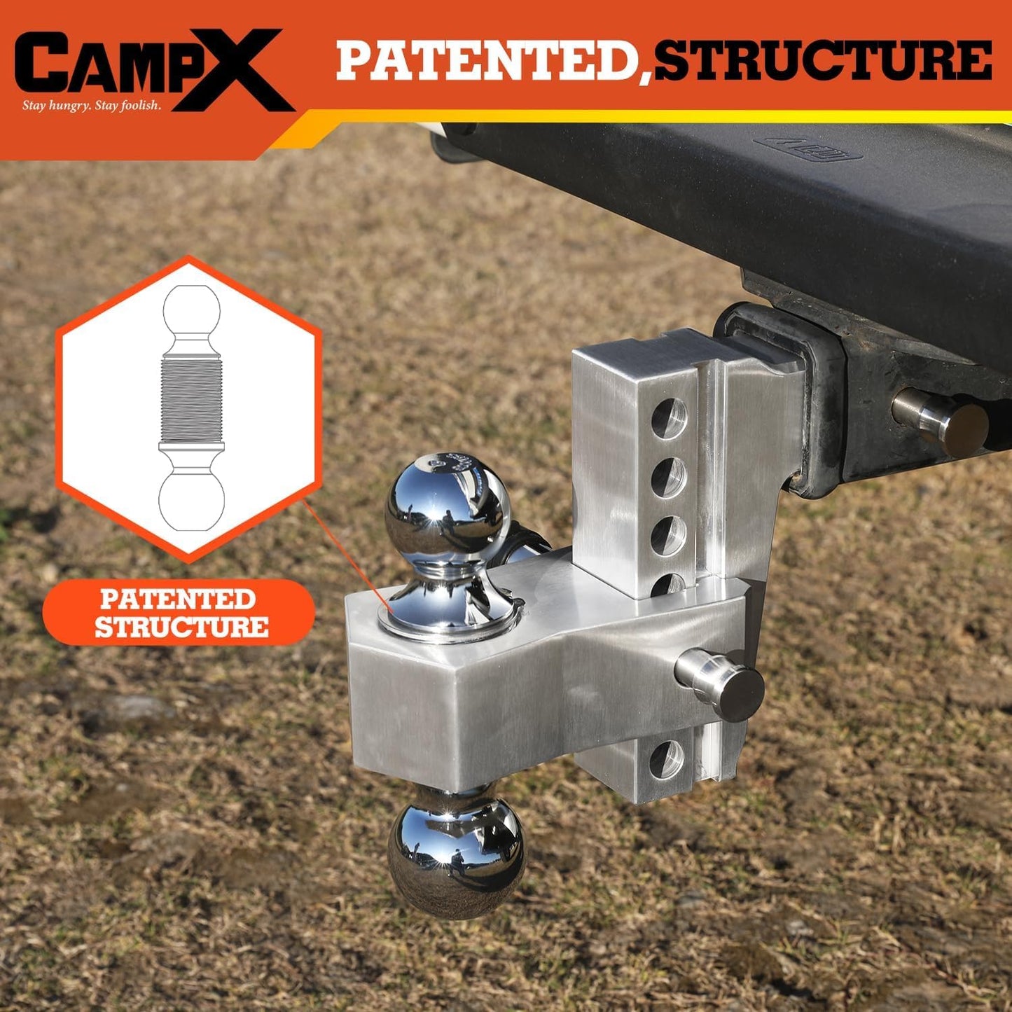 CAMPX Adjustable Trailer Hitch, 6-inch Drop Tow Hitch Fits 2.5-inch Receiver,2 and 2-5/16 inch Balls, 18,500 LBS,Solid Tube Hitch with Anti-Theft Pin, SLV