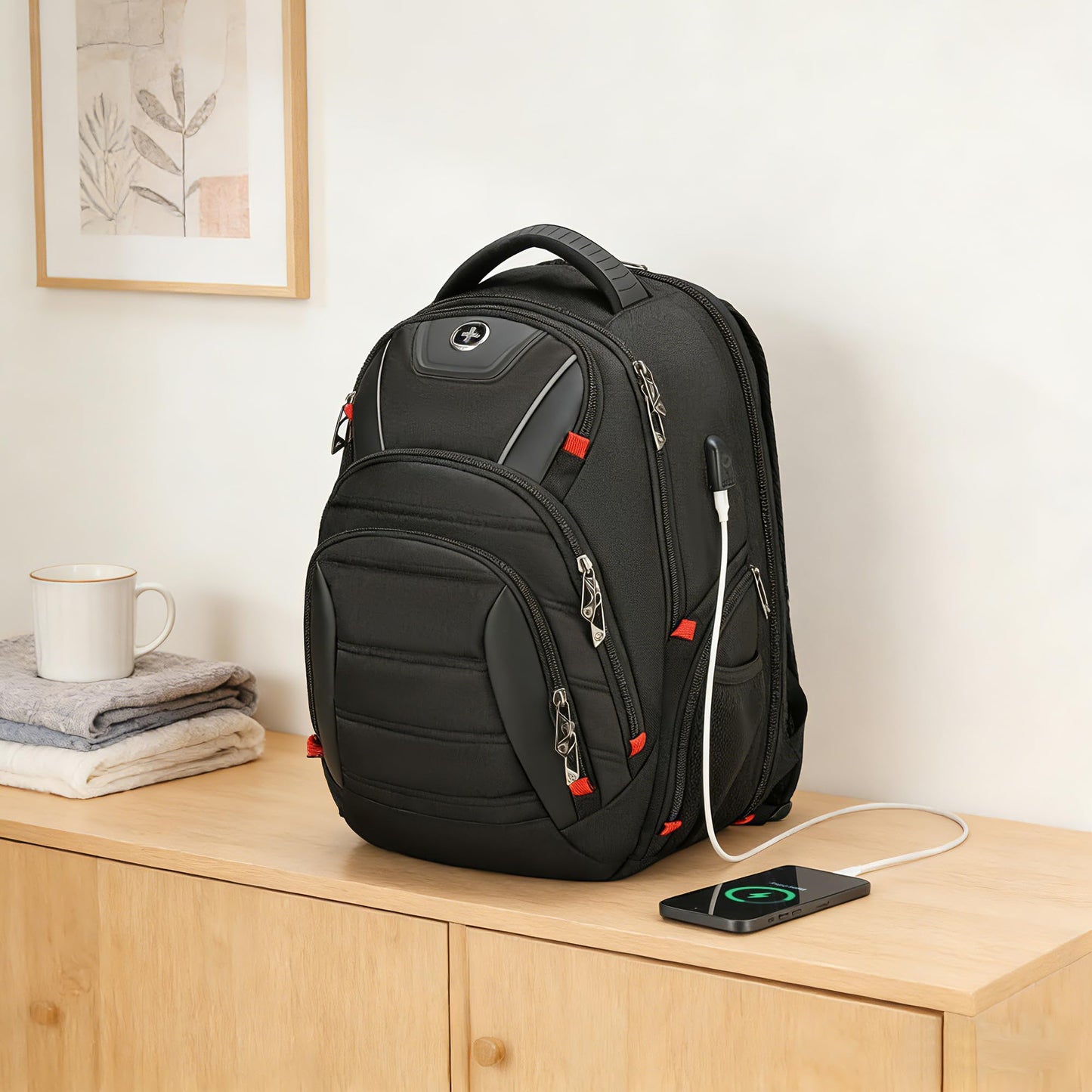 Swissdigital Design Travel Backpack for men with Apple Find My, TSA Friendly USB Charging RFID Protection Business Backpack Fits 15.6" Laptops Black | J149508F-BR