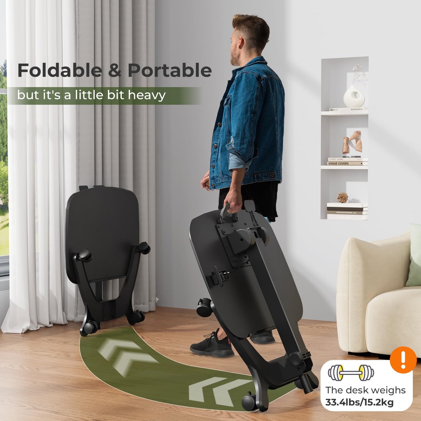 JYLH JOYSEEKER Foldable Mobile Standing Desk, 27"×21" Portable Rolling Laptop Cart with 90° Tiltable Board, Height Adjustable Mobile Desk Workstation with Wheels, Folding Table for Home Office, Black