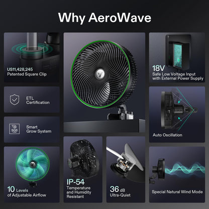 VIVOSUN AeroWave E9 Grow Tent Fan, 9" Auto Oscillating Clip Fan with EC Motor, US Patented Circulation Fan, IP54 Weatherproof, Strong Airflow & Quiet for Hydroponic Ventilation (Pack of 2)