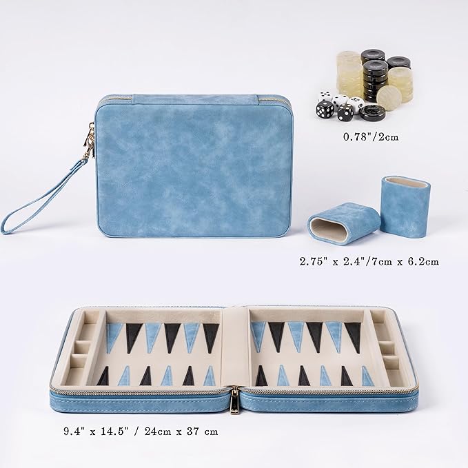 Backgammon Sets for Adults Classic Board Game with Folding Faux Leather Backgammon Case Portable Travel Backgammon Game Set (Blue)
