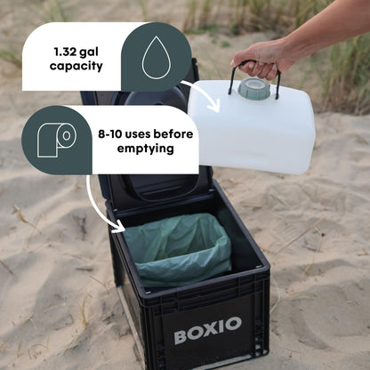 BOXIO Toilet MAX+ Complete Set, Mobile Separator Toilet, Compact Camping Toilet 40 x 30 x 28 cm, Includes Toilet UP Seat, Plug, 3 x Bags, 2 x Hemp Litter, 6 Clips Black
