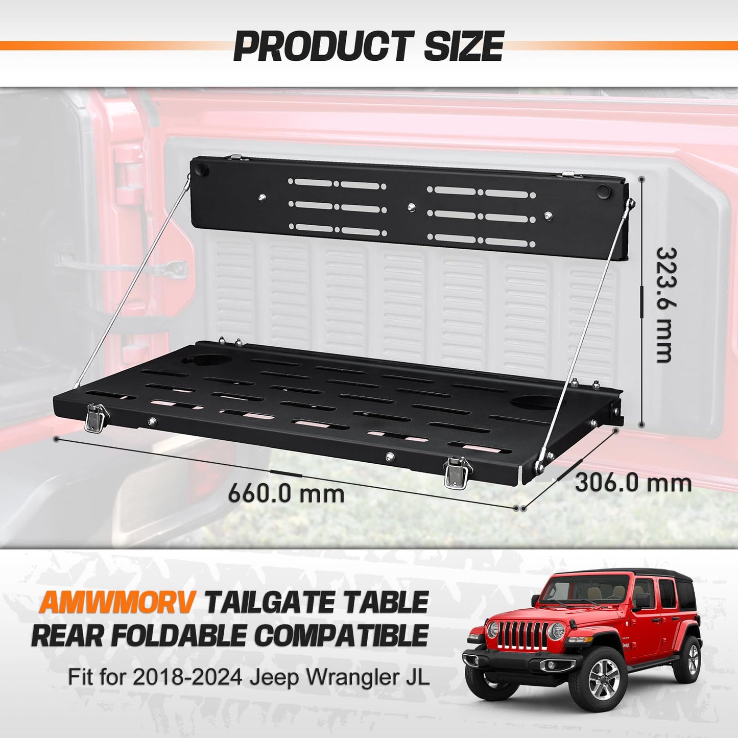 AMWMORV Rear Door Foldable Storage Cargo Rack Tailgate Table Compatible with 2018-2024 Jeep Wrangler JL/JLU 2&4 Door,Heavy-Duty Single-Layer Foldable| No Drilling| Water Drainage