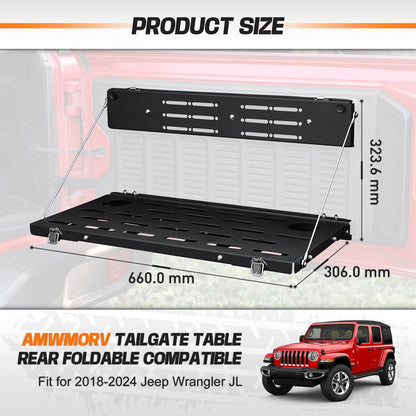 AMWMORV Rear Door Foldable Storage Cargo Rack Tailgate Table Compatible with 2018-2024 Jeep Wrangler JL/JLU 2&4 Door,Heavy-Duty Single-Layer Foldable| No Drilling| Water Drainage