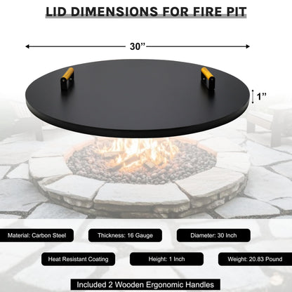 30” Round Fire Pit Lid – Heat Resistant fire Pit Cover Round Metal for Outdoor Fireplace 16 Gauge Steel Flat Fire Pit Burner Pan Cover with 2 Wooden Handles Snuffer Lid for Round Patio FirePit Ring
