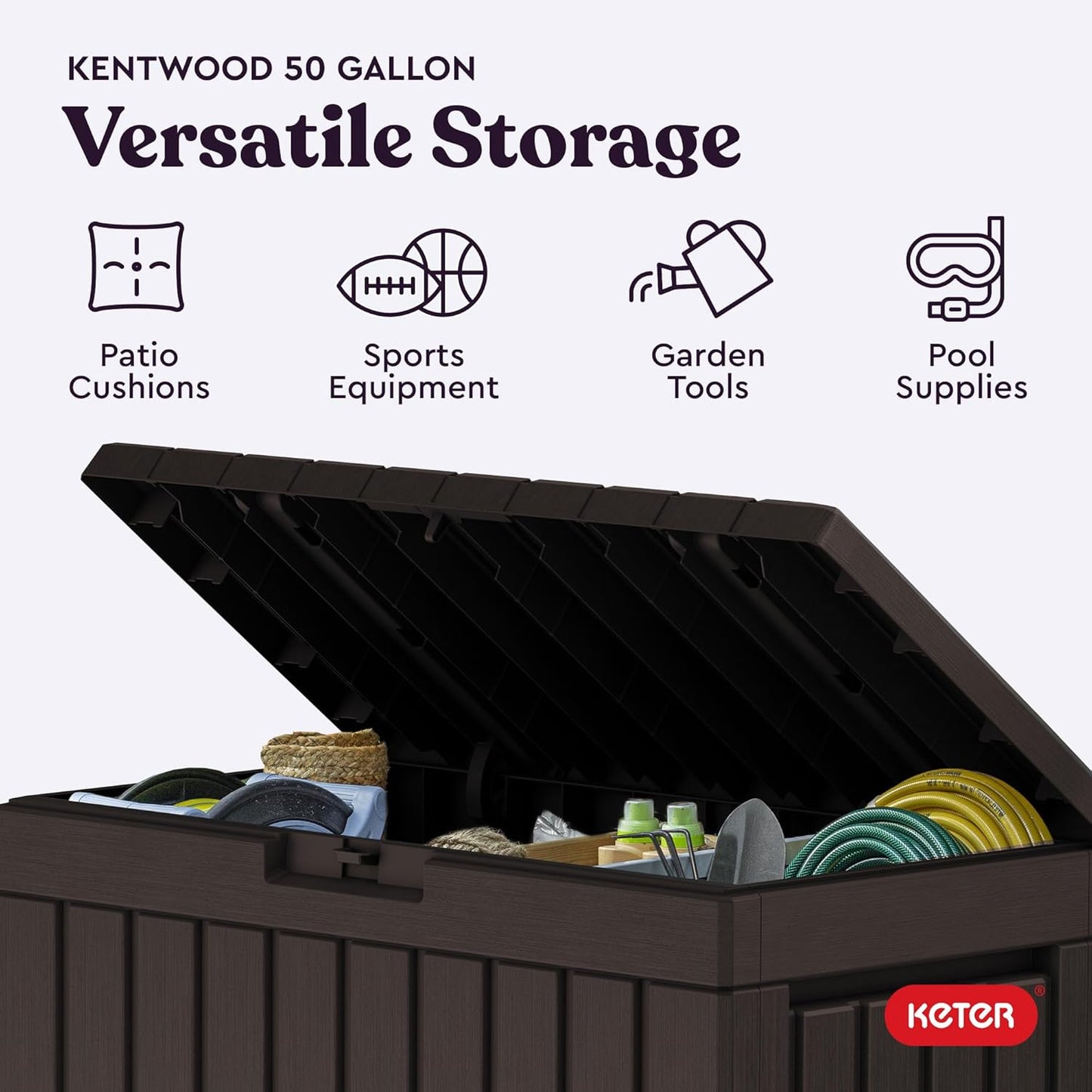 Keter Kentwood 50 Gallon Resin Deck Box - Stylish Outdoor Storage for Cushions & Garden Tools | Brown