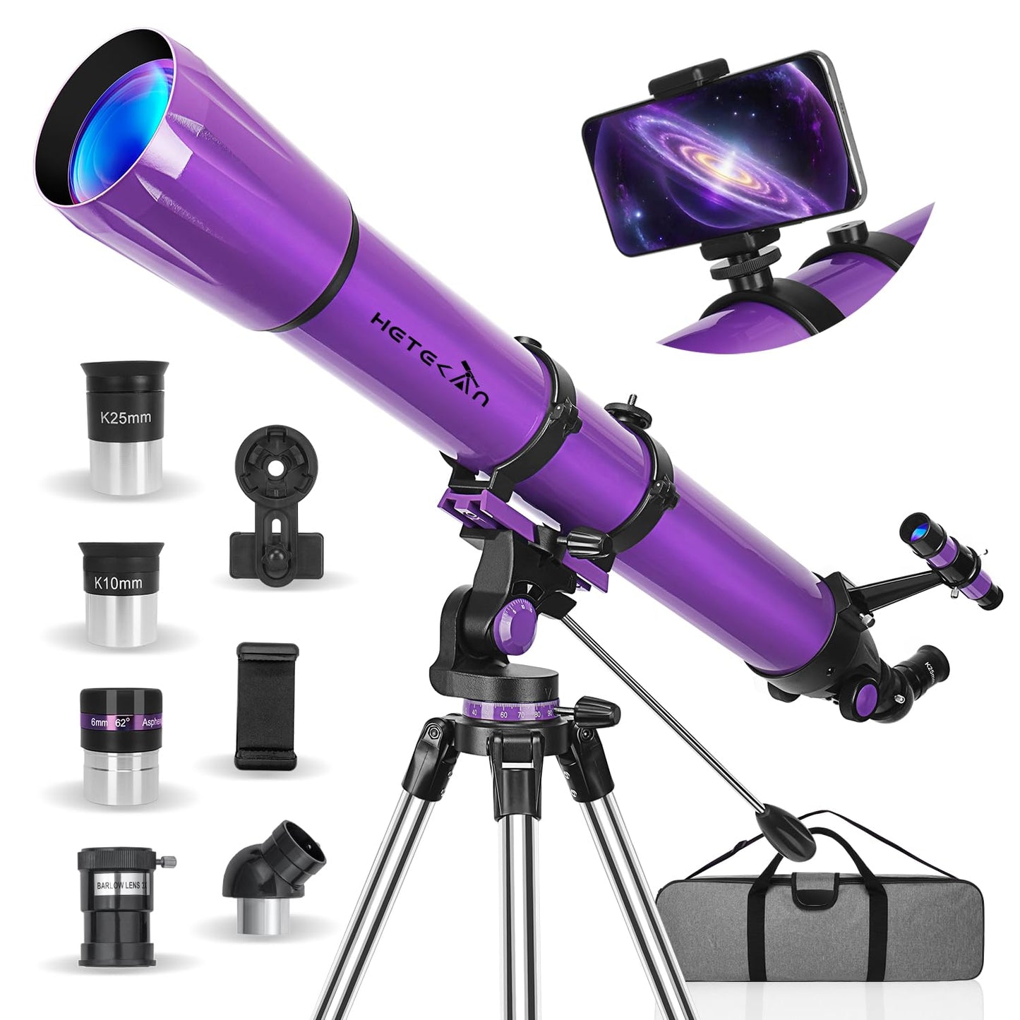 HETEKAN Telescope, Telescope for Adults High Powered, 90mm Aperture 1000mm Astronomical Refractor Telescopes for Beginners, Magnification 500X, with Three Eyepieces, Phone Adapter & Carrying Bag