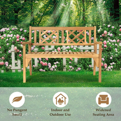 SPORFIT Rustic Garden Bench, Foldable Outdoor Bench with High Back & Armrest, 4 FT Acacia Wood Bench, 2-Person Loveseat Chair for Front Porch, Patio, Backyard & Park, Light Teak Finish