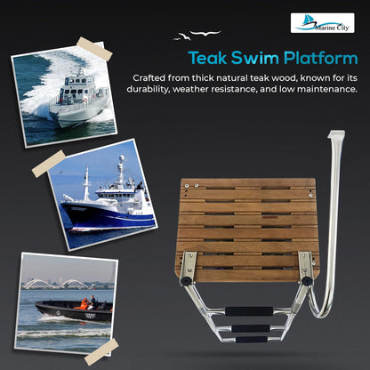 MARINE CITY Stainless Steel Swim Teak Platform Boat Ladder, Low Maintenance Ideal for Marines, Boats, Ships, Yachts (Teak O/B (3 Steps))