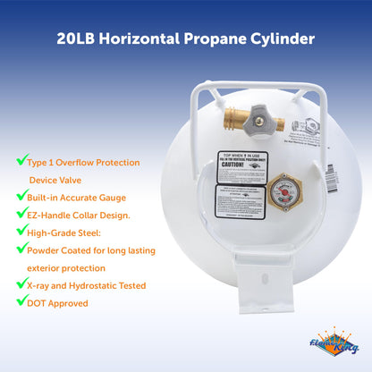 Flame King YSN201HZL 20-LB Steel Horizontal Propane Tank Cylinder for Fire Pits and Tables, Patio Heaters, Barbeques, RVs, and Truck Campers, White