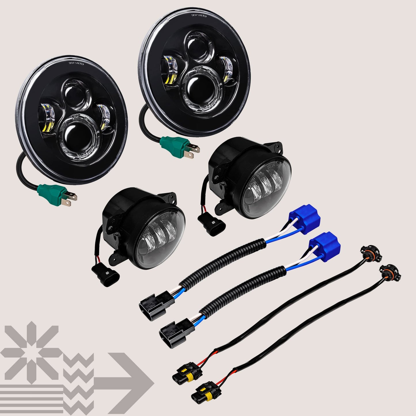 TRUE MODS 7-inch H6024 LED Headlights + 4-inch Fog Lights for Jeep Wrangler JK Unlimited JKU Accessories 2007-2018 [High/Low Sealed Beam]