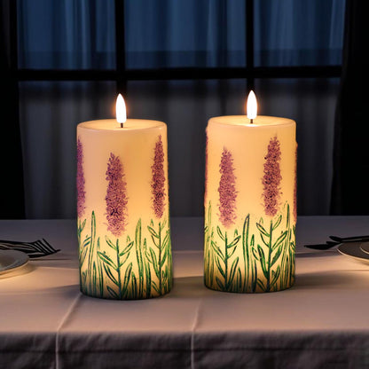 Lasumora Lavender LED Candles with 6H Timer, flameless Candles with Flickering Flame, Waxy Pillar 2 Pack Flickering Unscented Home Holiday Decoration (3 inches x 6.5 inches)