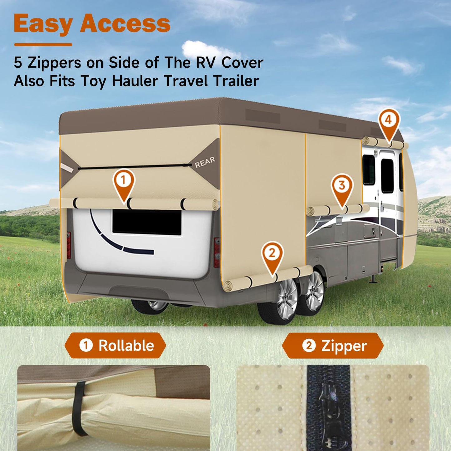 Umbrauto Travel Trailer RV Cover 33' ~ 35' – Upgraded 9-Layers Top Camper Cover, Waterproof & Windproof Heavy Duty Toy Hauler RV Cover for Winter Snow with Tongue Jack Cover, Gutter Covers