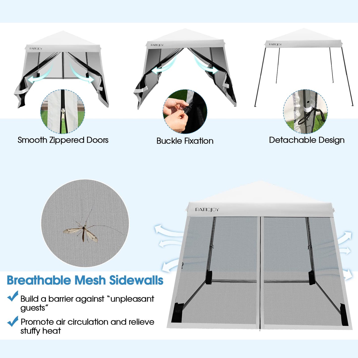 Tangkula 10x10 Ft Pop Up Canopy with Netting, Slanted Leg Outdoor Canopy with Roller Bag, 4 Sand Bags, 8 Stakes, 4 Ropes, Instant Canopy Tent with Easy Set-up Center Lock for Patio (White)