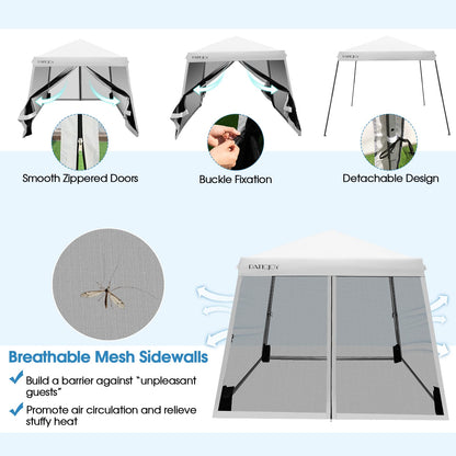 Tangkula 10x10 Ft Pop Up Canopy with Netting, Slanted Leg Outdoor Canopy with Roller Bag, 4 Sand Bags, 8 Stakes, 4 Ropes, Instant Canopy Tent with Easy Set-up Center Lock for Patio (White)