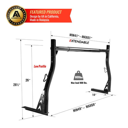 AA-Racks Model X33 Low-Profile Pickup Truck Ladder Racks with (8) Non-Drilling C-Clamps Steel Utility Two-bar Set Black