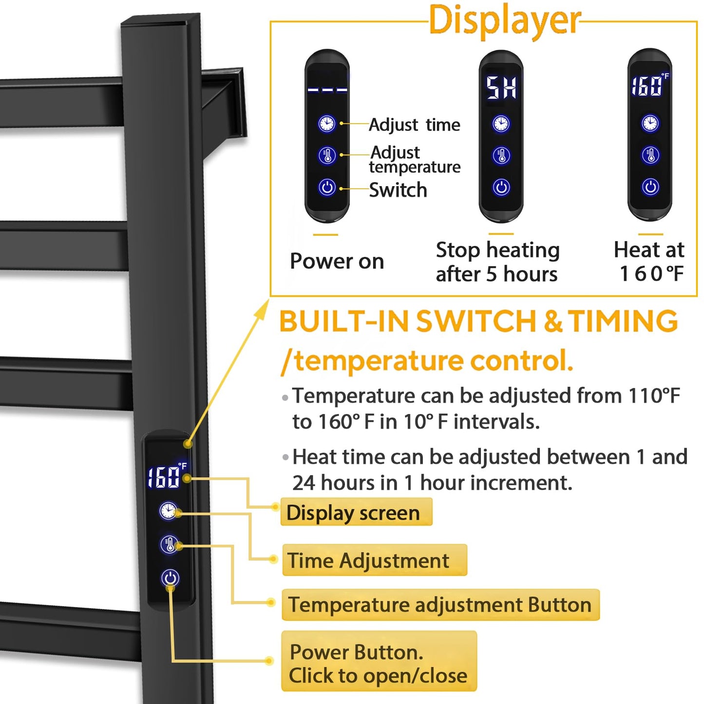XBVV Black Towel Warmer Rack for Bathroom with Timer/Fahrenheit Display Electric Heated 10 Bars Drying Rail Plug-in or Hardwired Wall Mounted Heating Bath Towel Warming(Matte Black)