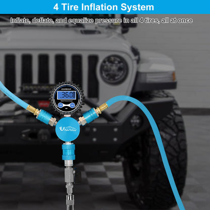 Uharbour 4 Tire Inflation Deflation System, 4 Tire Air Up Down System, 4 Tire Pressure Equalizer, Inflate or Deflate All 4 Tires at Once, Flexible Air Hose Fits Up to 155" Wheelbase.