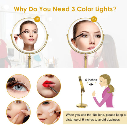 Lighted Makeup Mirror, 3000 mAh Rechargeable Double Sided Magnifying Vanity Mirror with 3 Colors, 1x/10x, 360° Rotation , Brightness Adjustable Magnification Cosmetic Light up Mirror, Women Gift