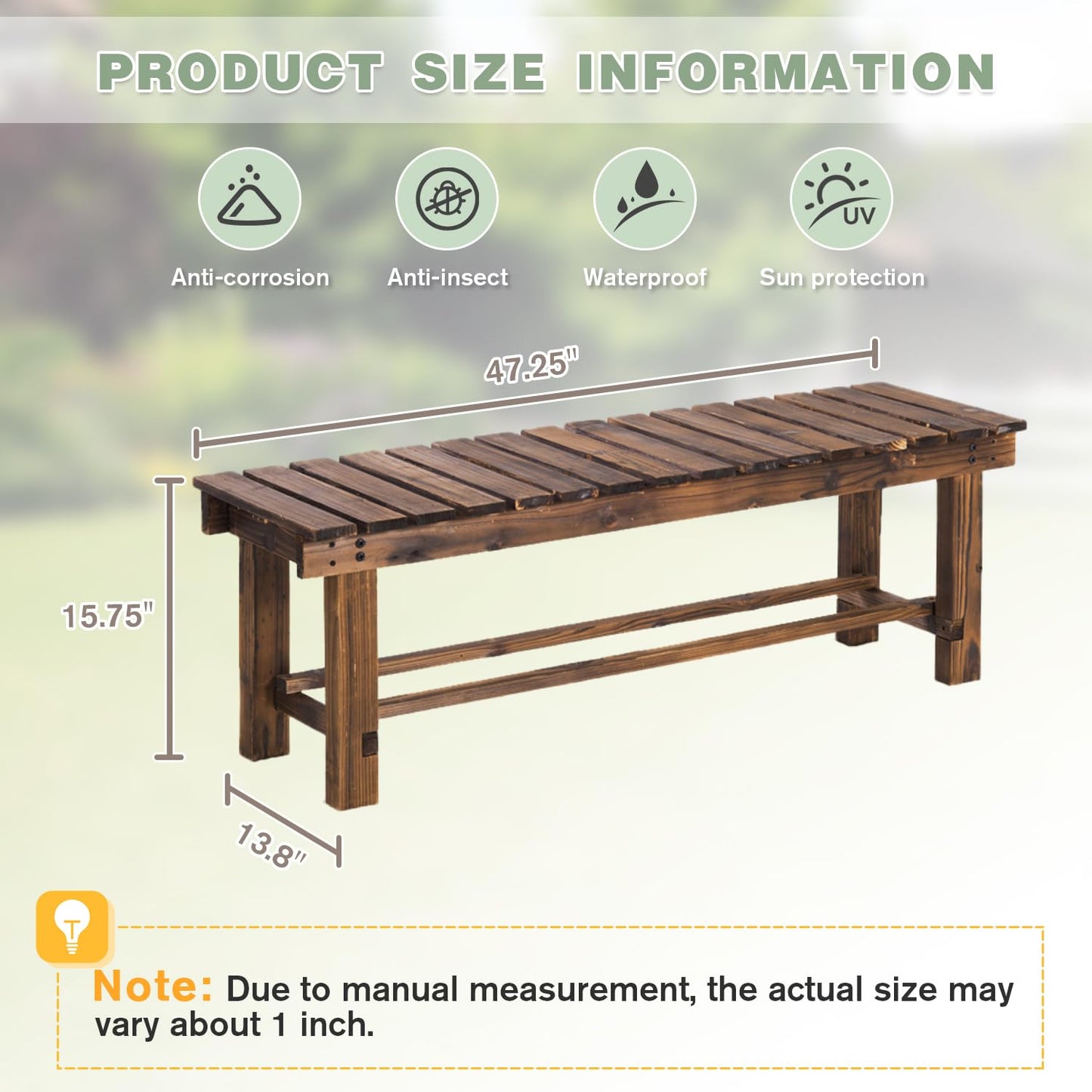LSPYYDS Outdoor Garden Bench, 3-Person Wood Patio Bench Weatherproof Outdoor Backless Bench, Anti-Corrosion and Anti-Rust Garden Benches for Garden Lawn Porch Park Backyard (Carbonized,47.25''/120cm)