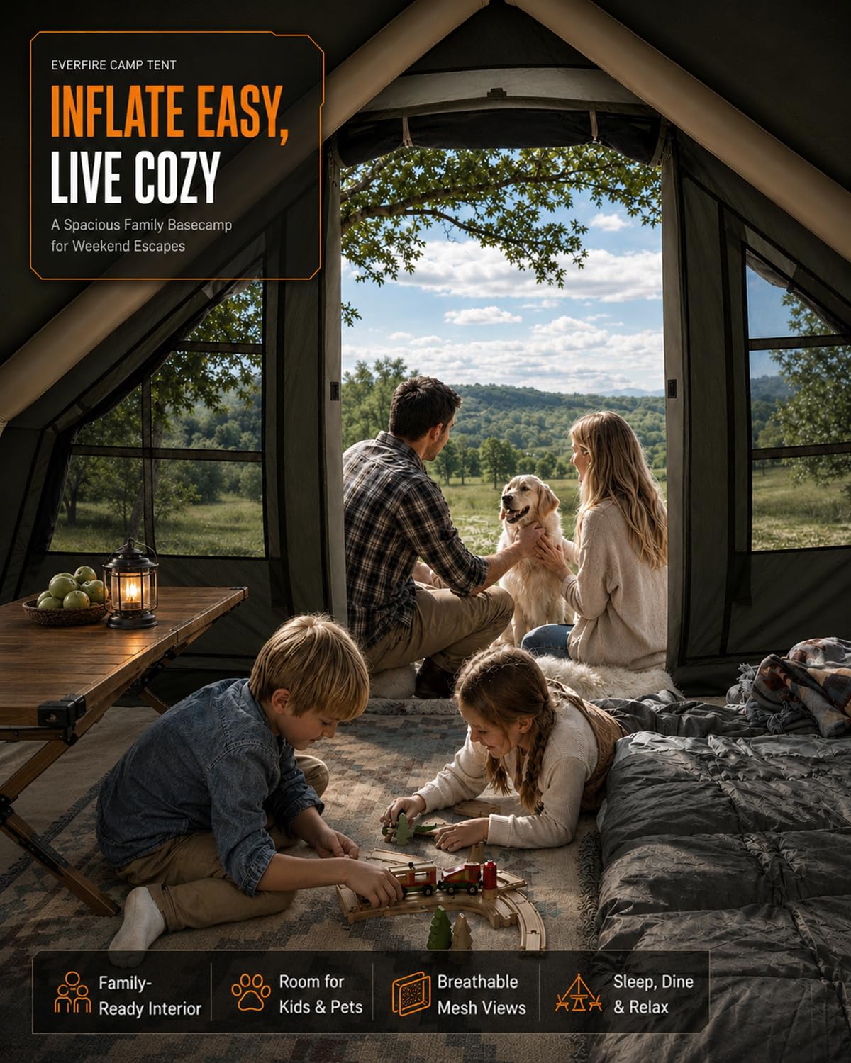 Inflatable Tent with Skylight, Fast Setup Blow Up Air Camping Tents with Pump, Hot Tent with Stove Jack, Waterproof 420D Oxford Inflate House for 4-8 Person, Glamping Cabin for Outdoor 4 Seasons
