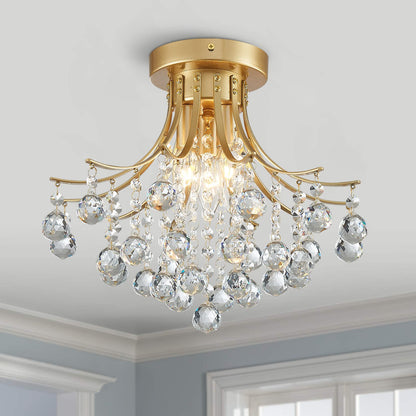Bestier Modern Gold Crystal Semi-Flush Mount Chandelier, 3 E12 Bulbs, D13.5in x H11.6in, Ideal for Dining Room, Bathroom, Bedroom, Living Room