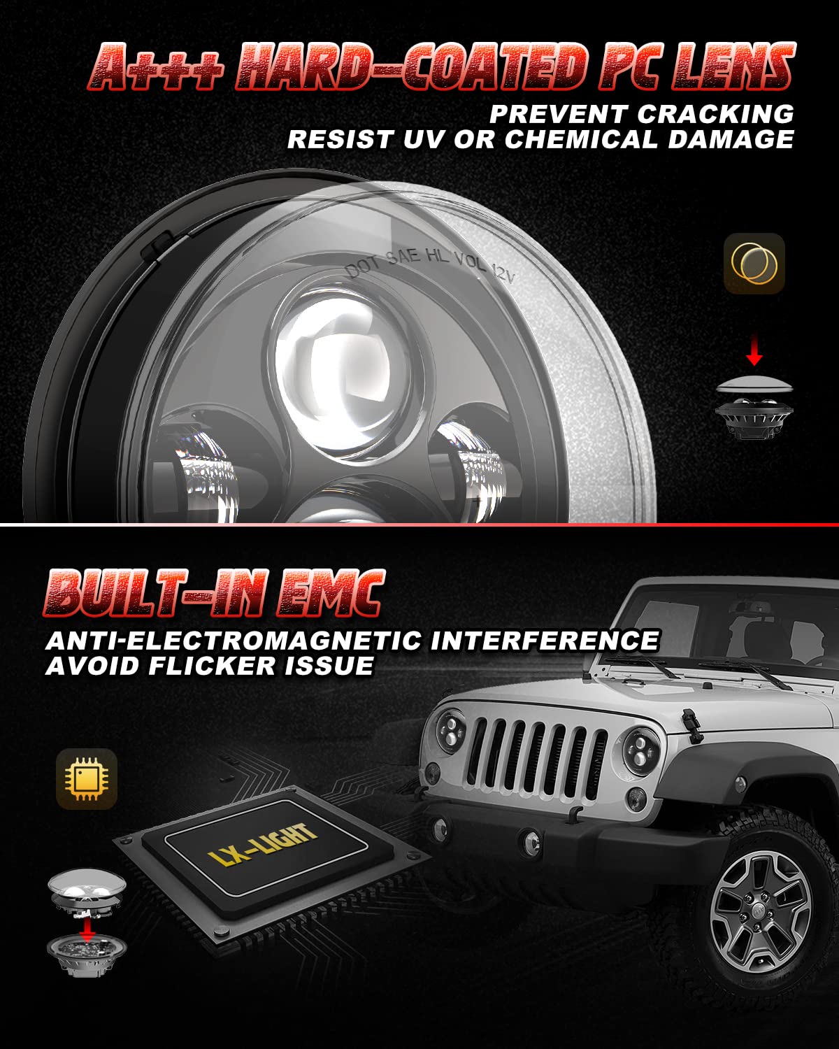 LX-LIGHT DOT Approved 7'' Black LED Headlights + 4 '' LED Fog Lights Compatible with Jeep Wrangler 97-2017 JK TJ LJ