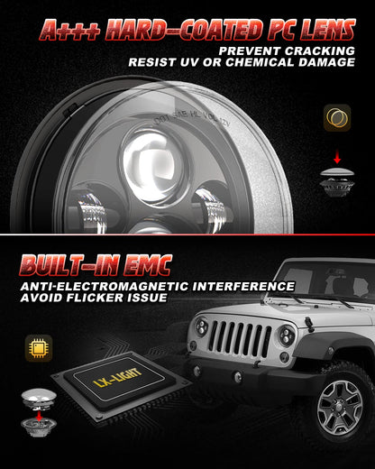 LX-LIGHT DOT Approved 7'' Black LED Headlights + 4 '' LED Fog Lights Compatible with Jeep Wrangler 97-2017 JK TJ LJ