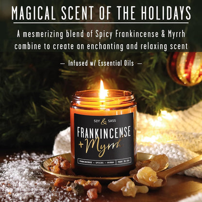 Frankincense and Myrrh Candle, Christmas Candles Scented - w/Spices, Frankincense & Myrrh - Infused with Essential Oils I Frankincense Candle I 9oz, 50Hr, Made in USA