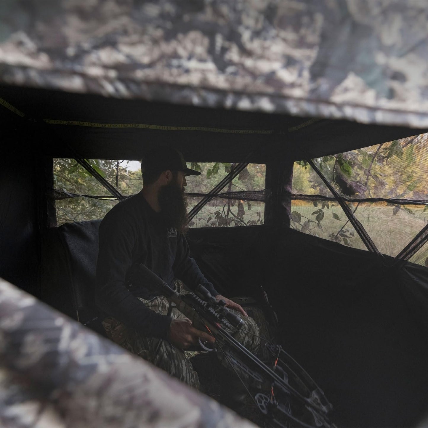Hawk Reveal Hunting Archery Durable 73" Height Water Resistant Camo Concealing 3 Person Ground Blind with See-Through Mesh Window Panels