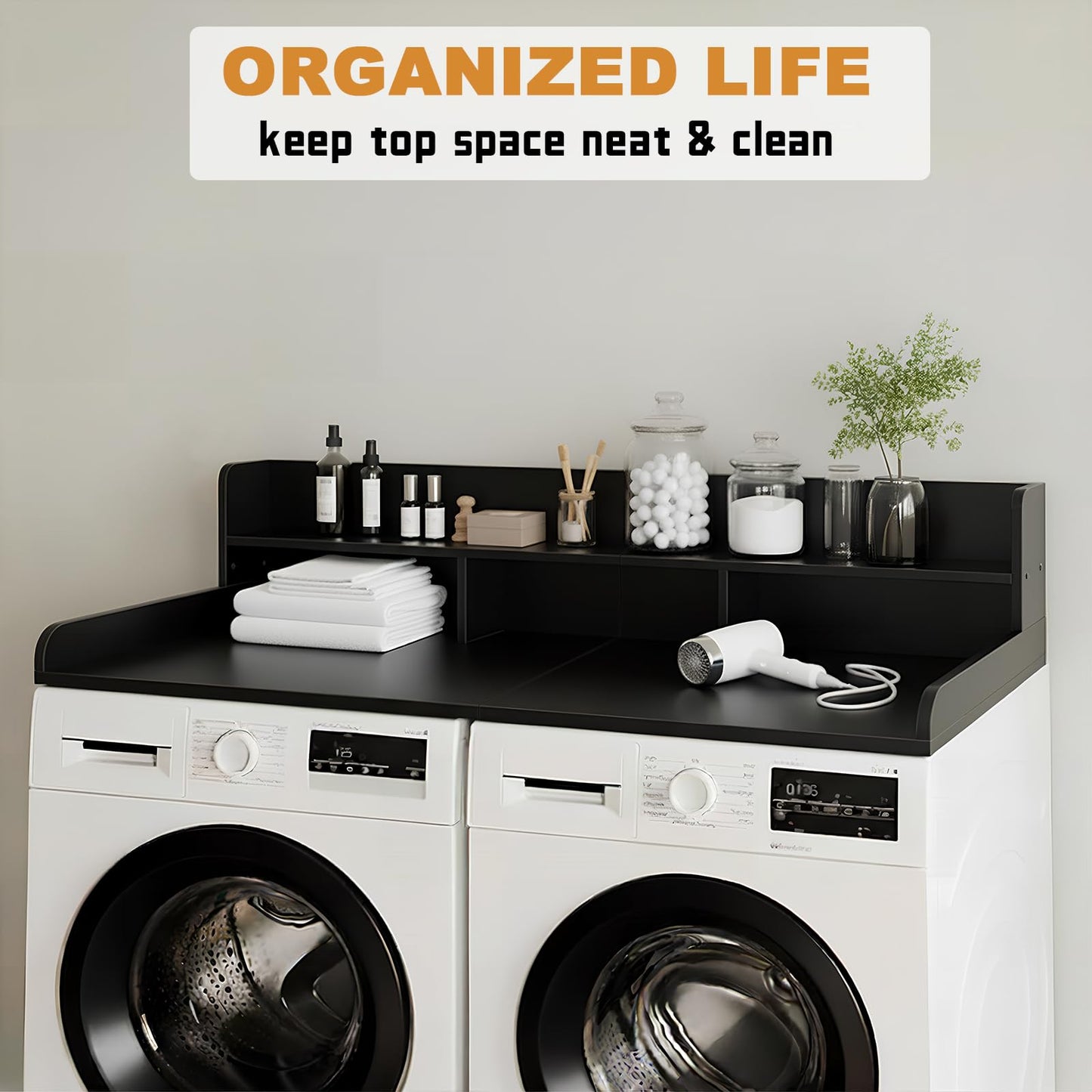 HMAZAE Washer Dryer Countertop with Shelf, 2-Tier Laundry Countertop Over Washer and Dryer, 54" x 27.55" Wooden Table for Folding Clothes for Laundry Room Organization and Storage (Black)