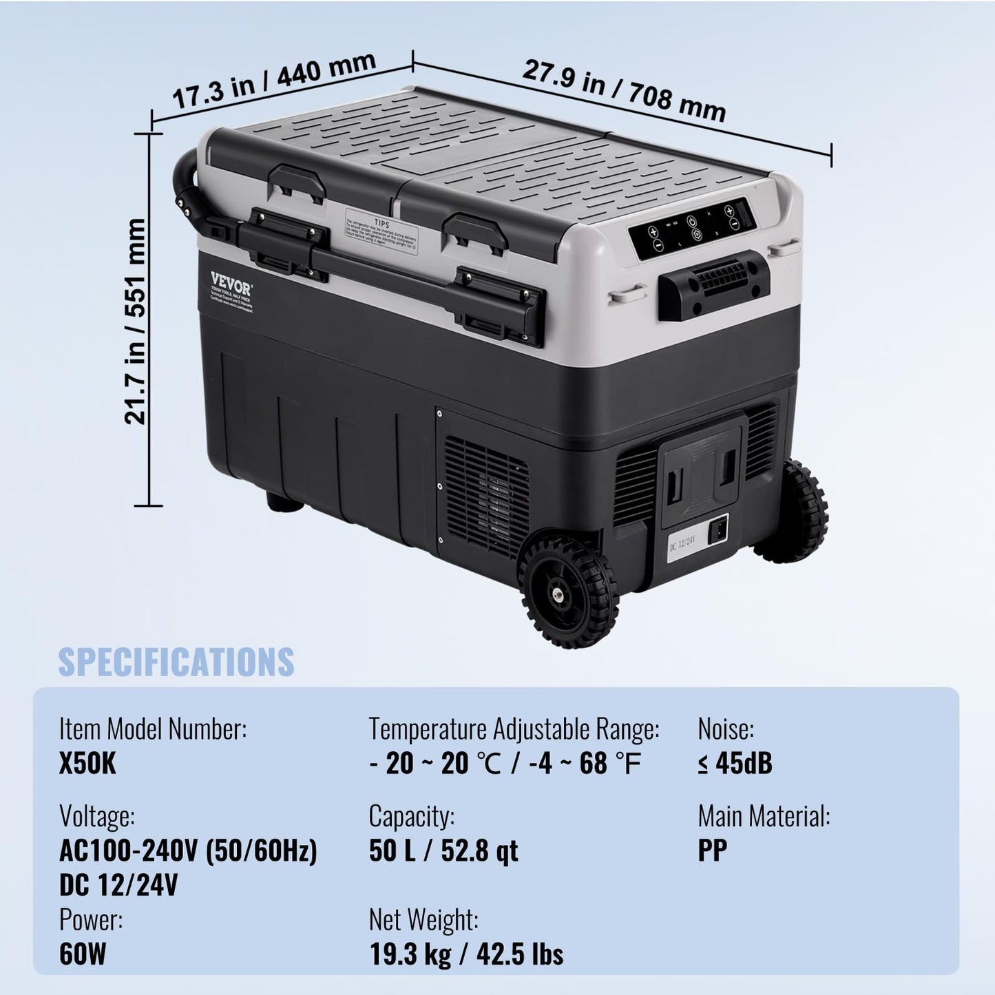 VEVOR Car Refrigerator 50L / 52.8 QT, Dual Zone 12 Volt Compressor Fridge, -4℉ to 68℉ Adjustable, Portable Freezer Cooler for Car, RV, Camping, Home