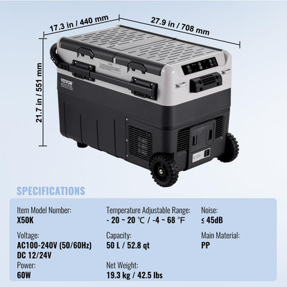 VEVOR Car Refrigerator 50L / 52.8 QT, Dual Zone 12 Volt Compressor Fridge, -4℉ to 68℉ Adjustable, Portable Freezer Cooler for Car, RV, Camping, Home