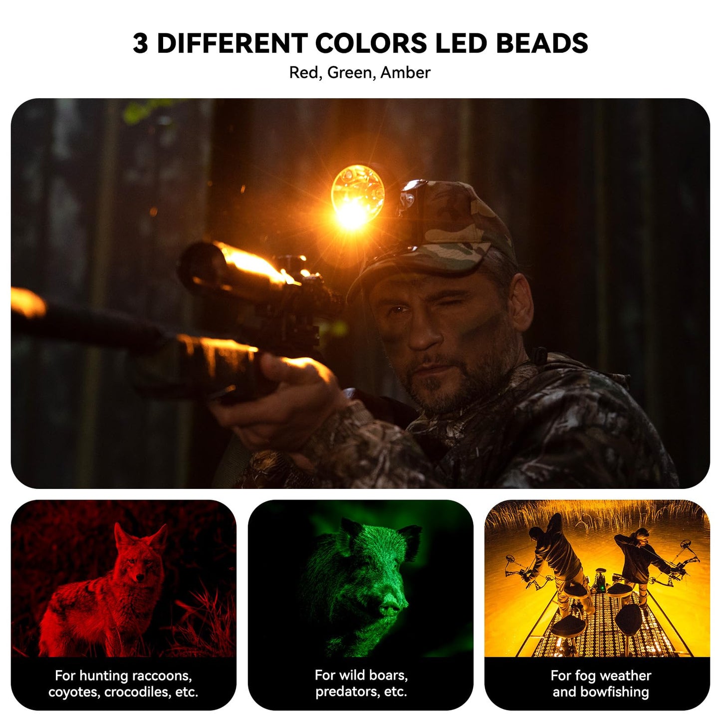 GearOZ 10W Coon Hunting Lights, 45000LUX Hunting Headlamp for Coyotes Hog Predators, Rechargeable & Waterproof, 6 Lighting Modes, 4 Powerful LEDs (White Red Green Amber) for Night Working