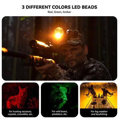 GearOZ 10W Coon Hunting Lights, 45000LUX Hunting Headlamp for Coyotes Hog Predators, Rechargeable & Waterproof, 6 Lighting Modes, 4 Powerful LEDs (White Red Green Amber) for Night Working