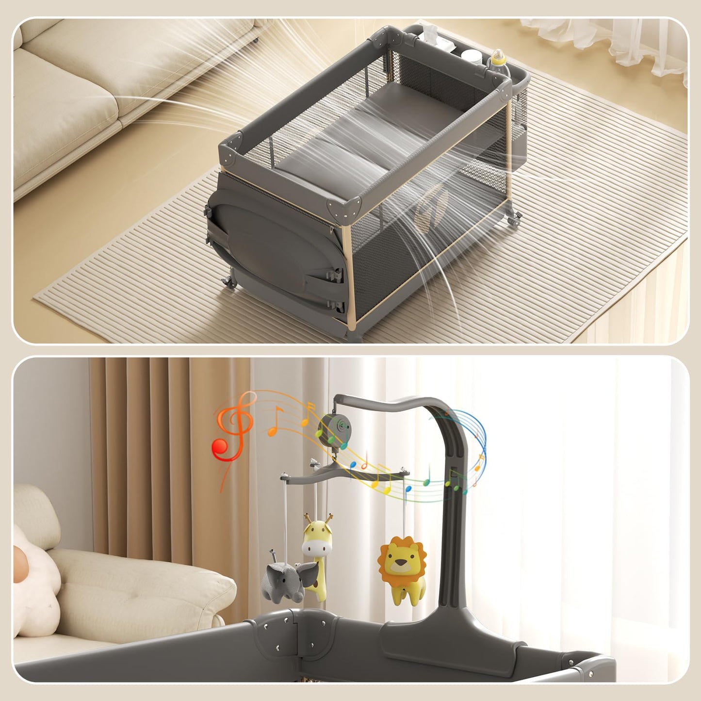 Trimigo 4-in-1 Pack and Play with Bassinet, Bedside Sleeper, Playard, and Changing Table, Folding Travel Crib with Musical Toy Rack & Bag, 4-Level Height Adjust, Newborn to Toddler（Ivy Gray）