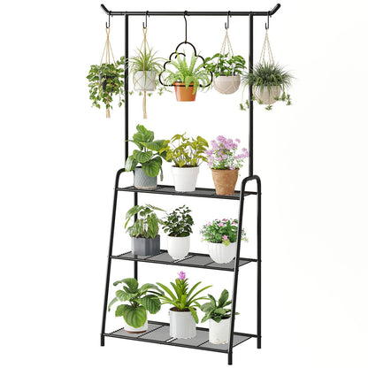 Wieghda Metal Plant Stand Indoor Outdoor, 3 Tier Tall Corner Plant Shelf, Hanging Flower Ladder for Living Room, Balcony, Garden, Patio (Black)