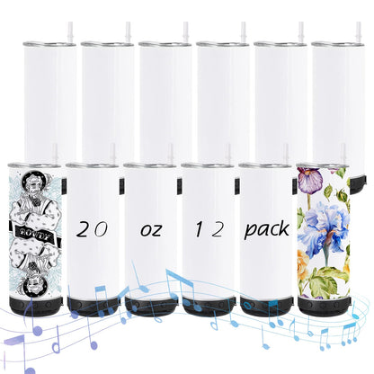 Lilsofee 12 Pack 20 OZ Sublimation Blank Tumblers Bulk Stainless Steels Double Vacuum Bluetooth Speaker Music Insulated Tumbler with Lid and Straw Heat Transfer Cup Black