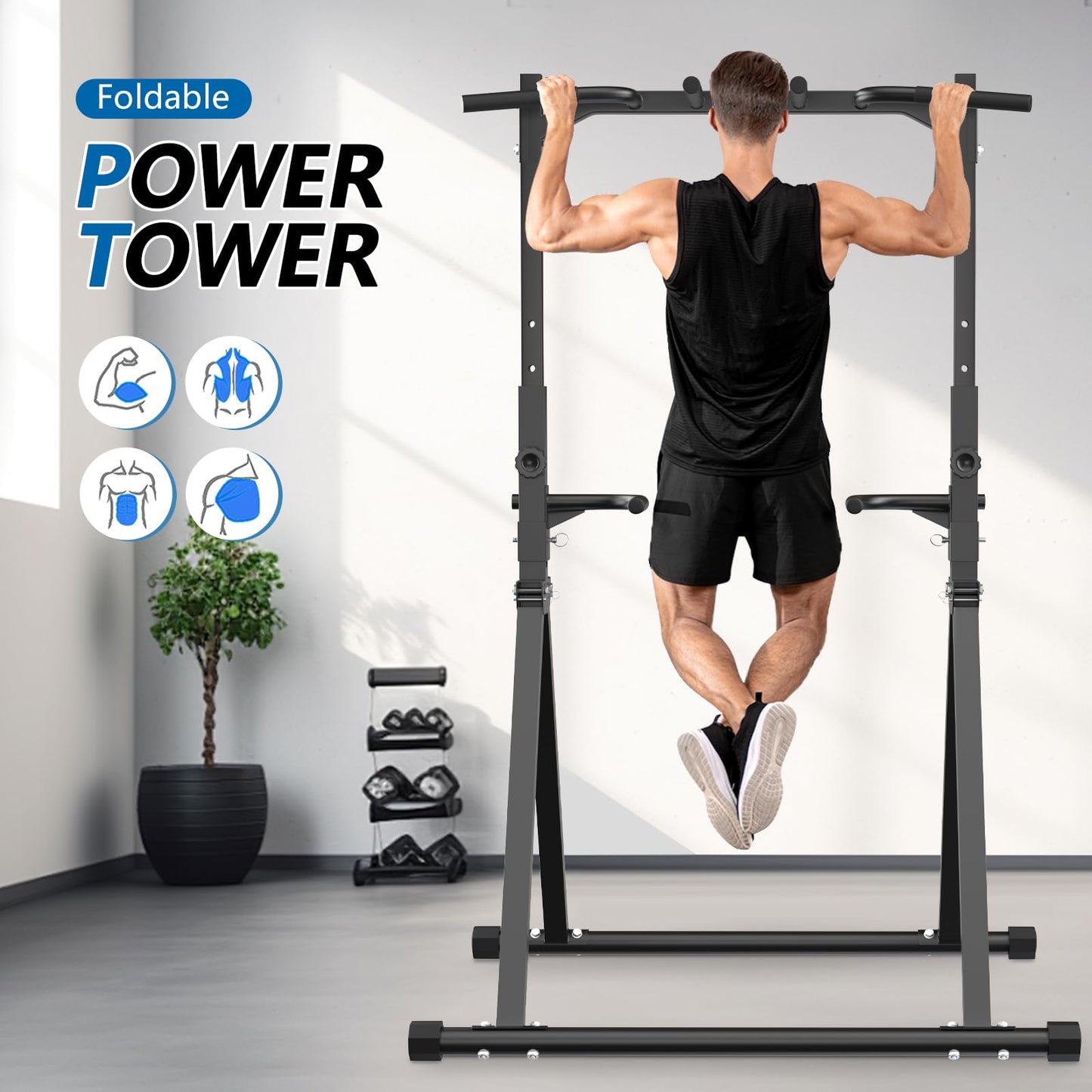 STACOO Foldable Pull Up Bar Pull Up Station,Power Tower with Triangular Structure, Multi-Functional Dip Station for Home Gym 300LB