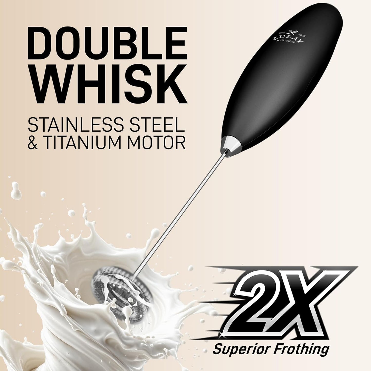 Zulay Kitchen Double Whisk Milk Frother - Powerful Handheld Foam Maker for Coffee & Lattes | Includes 2 Duracell Batteries