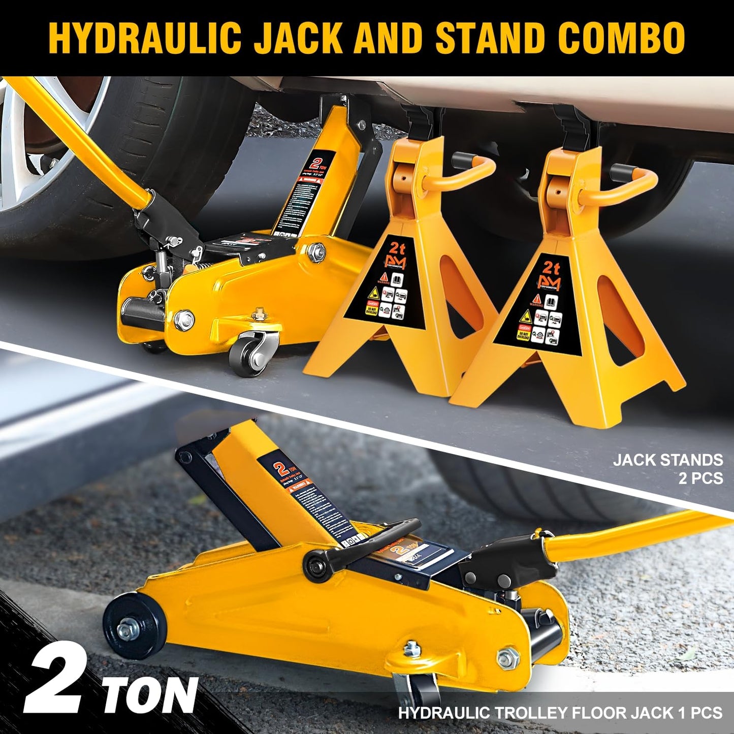 PM PERFORMOTOR Low Profile Hydraulic Trolley Service/Floor Jack Combo with 2 Ratchet Jack Stands, 2 Ton (4000 lbs) Capacity, Orange,PM-TOL-FJ3P-OG