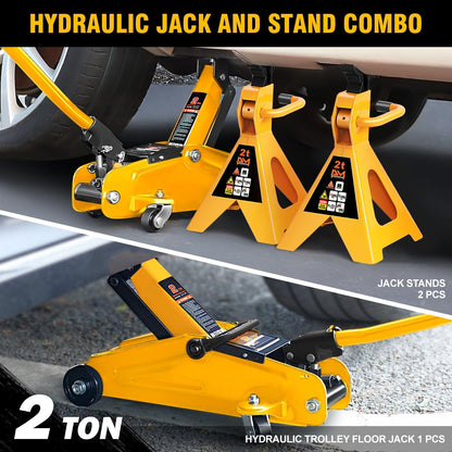 PM PERFORMOTOR Low Profile Hydraulic Trolley Service/Floor Jack Combo with 2 Ratchet Jack Stands, 2 Ton (4000 lbs) Capacity, Orange,PM-TOL-FJ3P-OG