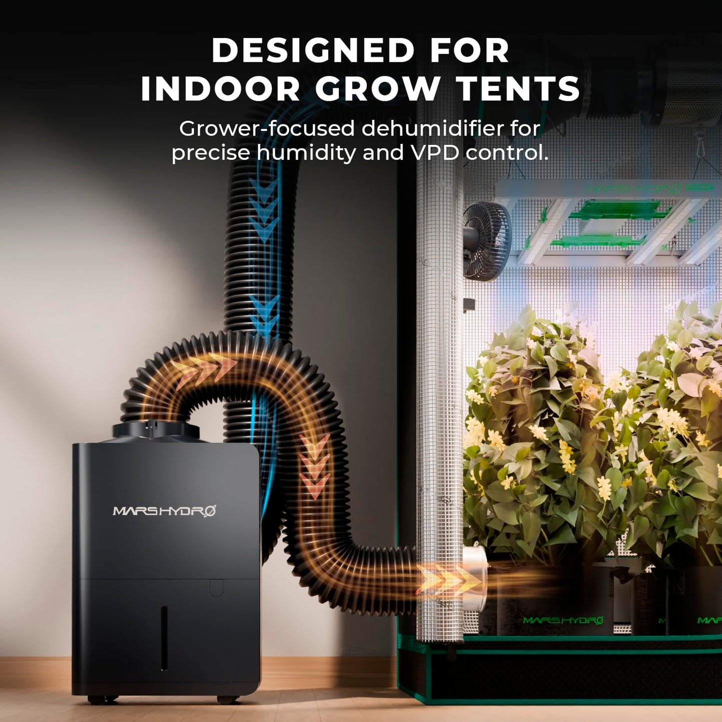 MARS HYDRO 18L/Day (38 Pints) Compressor Dehumidifier, with Digital Humidity Control Display, Air Duct, Drain Hose & Washable Filter, Powerful Dehumidification for Grow Tent and Home