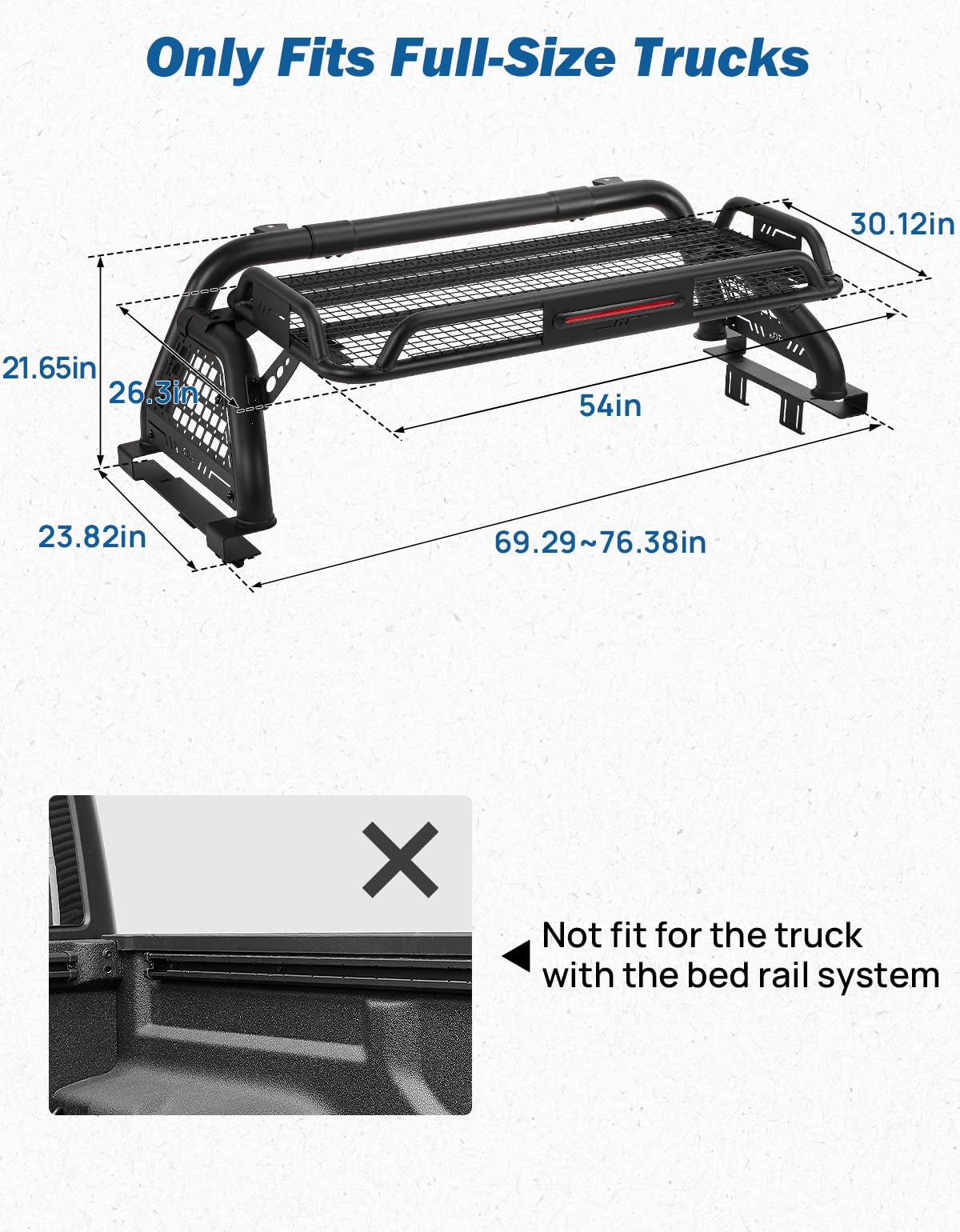 JOYTUTUS Roll Bar for Full Size Truck with Cargo Basket & Brake Light, Pickup Chase Rack Sports Bar Compatible with F150, F250, F350, Silverado, Sierra, Ram 1500 2500 3500, Tundra
