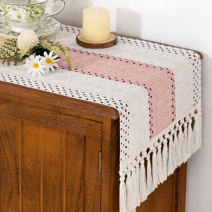 Socomi Boho Table Runner Macrame Long Easter Spring Farmhouse Woven Cotton Linen Rustic Coffee Table Runner with Tassels for Dresser Scarf Home Decor Dining Room 12x108 inPink Ivory
