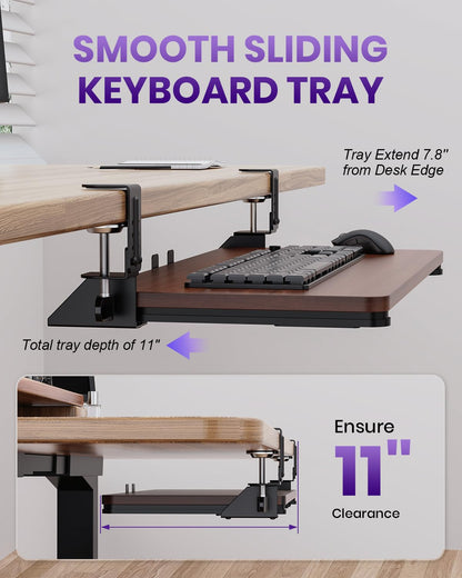 Zontera Ergonomic Keyboard Tray Under Desk, Pull Out with Adjustable C-clamp, 25.6 (31.5 Including Clamps) x 11.8 Inch Slide Out Computer Keyboard Drawer Mouse Tray for Typing, Large & Walnut