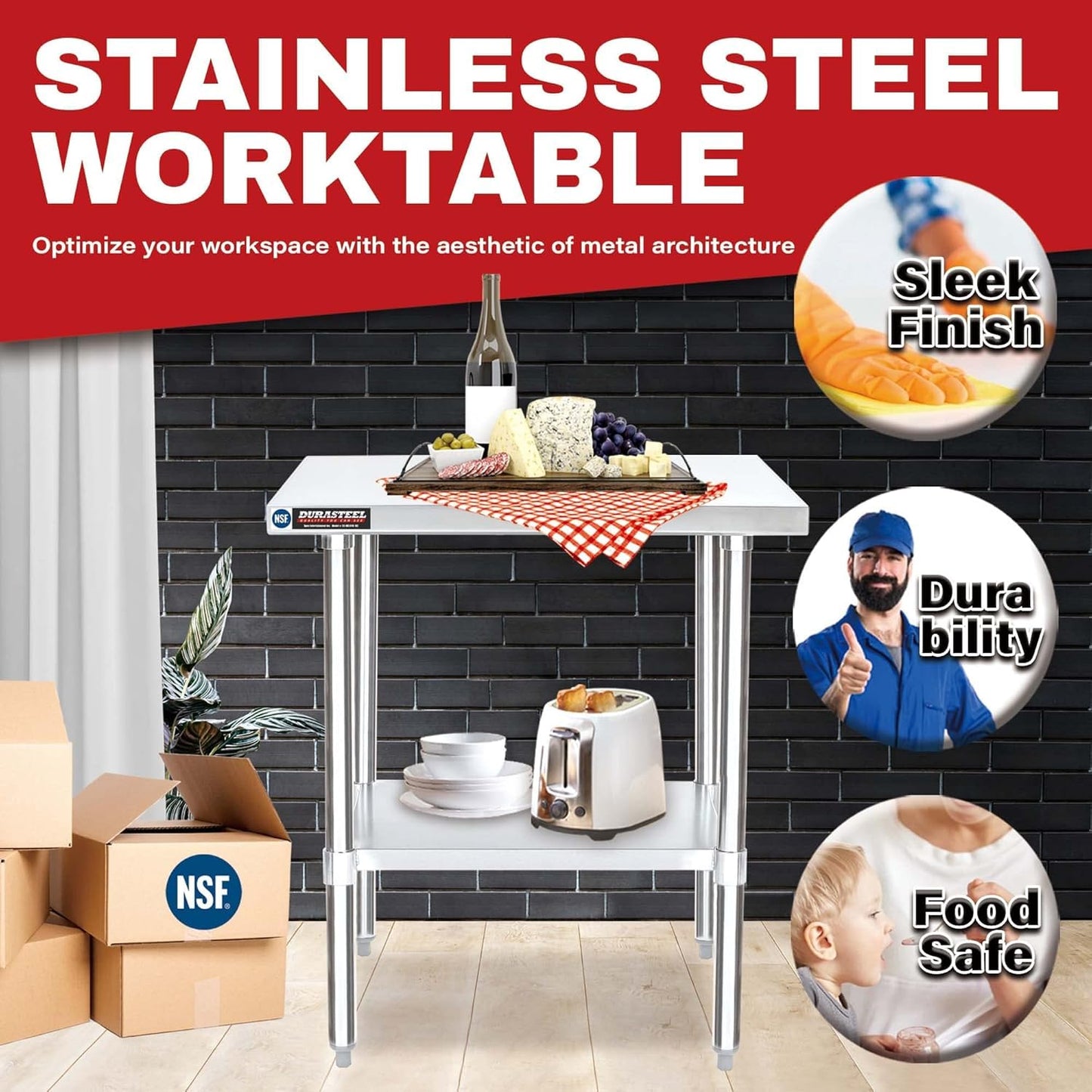 DuraSteel 30x24 Stainless Steel Work Table - NSF Commercial Prep Metal Table - Outdoor Pizza Oven Stand w/Under Shelf - Kitchen Island Laundry Utility Garage Microwave Stand Large Rolling Storage Cart