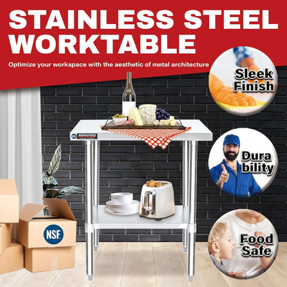 DuraSteel 30x48 Stainless Steel Work Table - NSF Commercial Prep Metal Table - Outdoor Pizza Oven Stand w/Under Shelf - Kitchen Island Laundry Utility Garage Microwave Stand Large Rolling Storage Cart