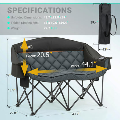 Overmont Oversized Double Camping Chair for Adults Supports up to 850 lbs XXL Heavy Duty Padded Folding Loveseat with Cooler Bag and Cup Holder for Outdoor, Beach, Fishing, Lawn, Black