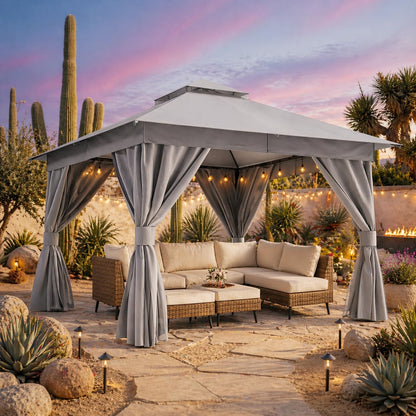 EO Living 10' x 10' Outdoor Patio Gazebo, Heavy-Duty Galvanized Steel Frame with Double-Tier Roof, Mosquito Netting & Privacy Curtains for Backyard, Patio & Lawn, Gray
